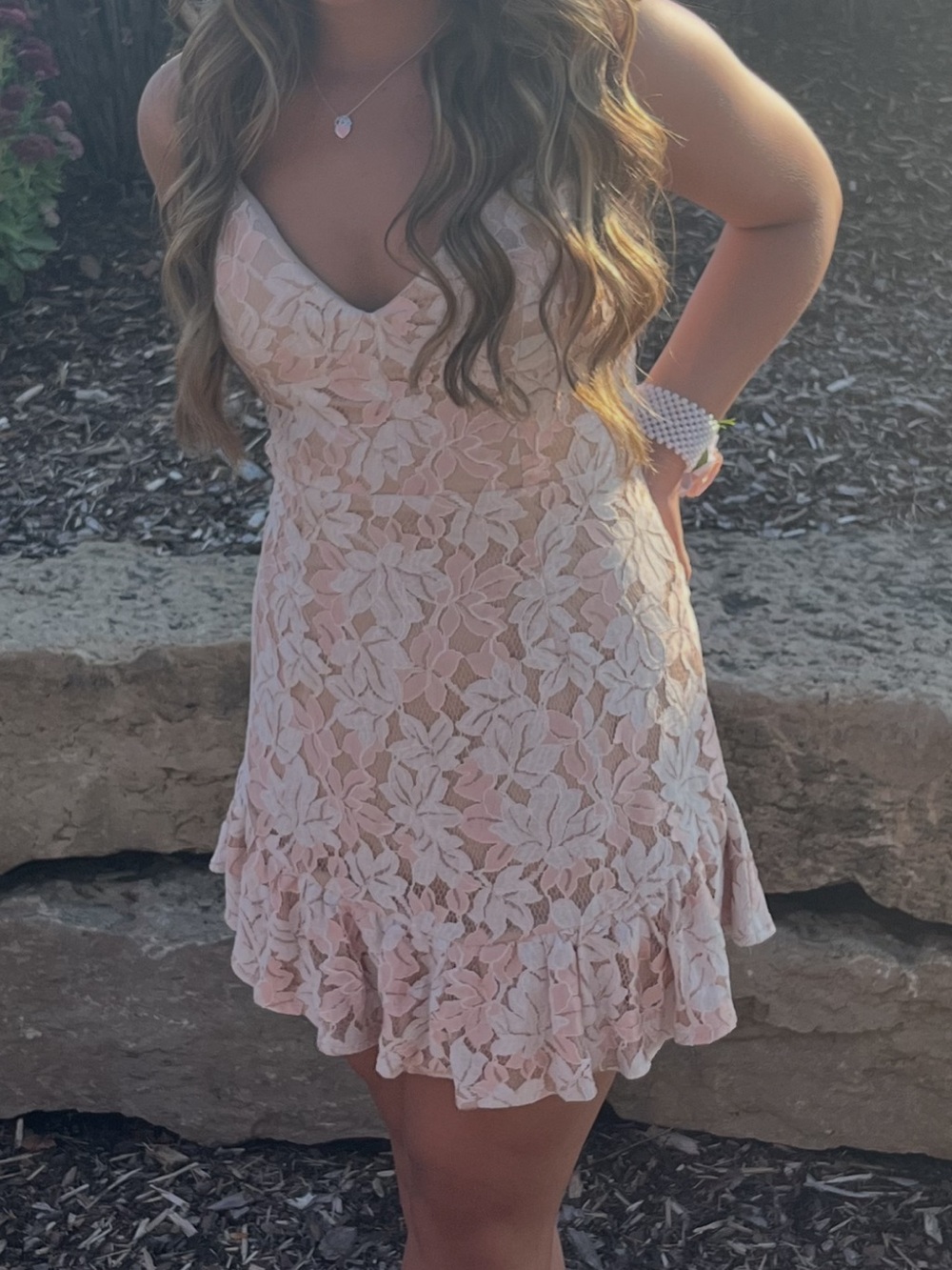 Hello Molly Blush Floral Lace Ruffle Mini Skirt